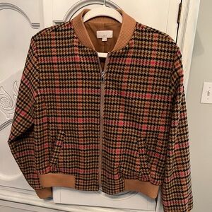 LOFT Houndstooth Bomber Jacket in Brown and Pink